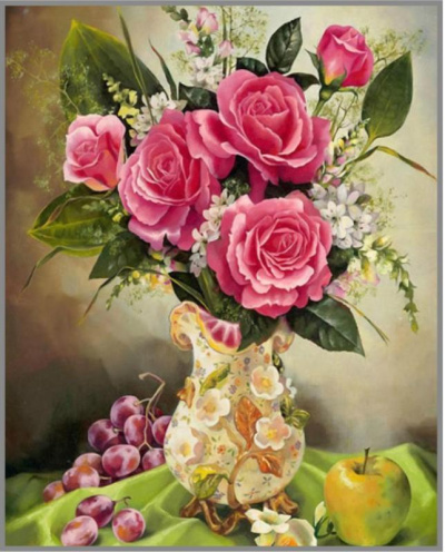 F-169 Картина (Натюрморт с розами) Алмазная мозаика 40x50см, 38 цветов