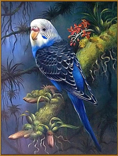 N-283 Картина (Волнистый попугайчик в тропиках) Алмазная мозаика 20x27см, 23 цвета